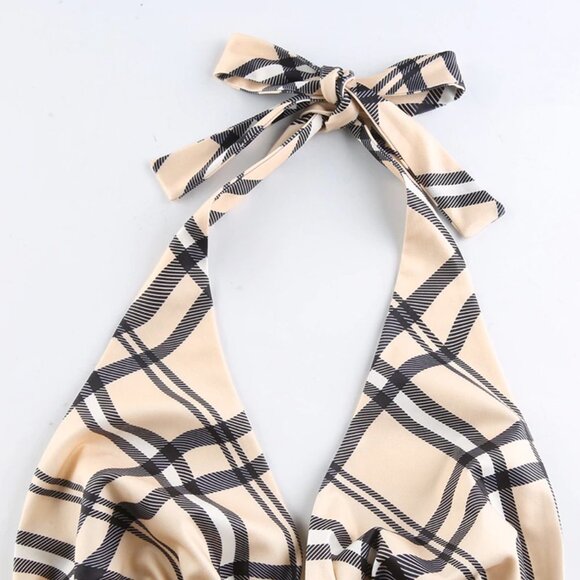 LAST Small Plaid Print Crop Top Backless Tie Halter Top Ruched Cami‎ - Picture 6 of 7